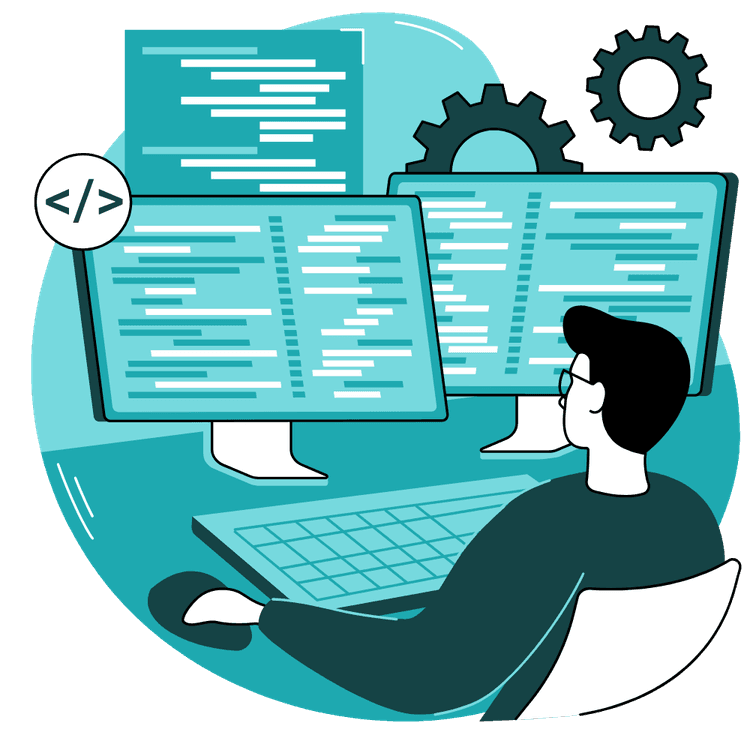 A person coding on multiple screens, representing Mapapa Solutions' DevOps services in South Africa. The image shows the gears and code symbols that power the company's solutions.