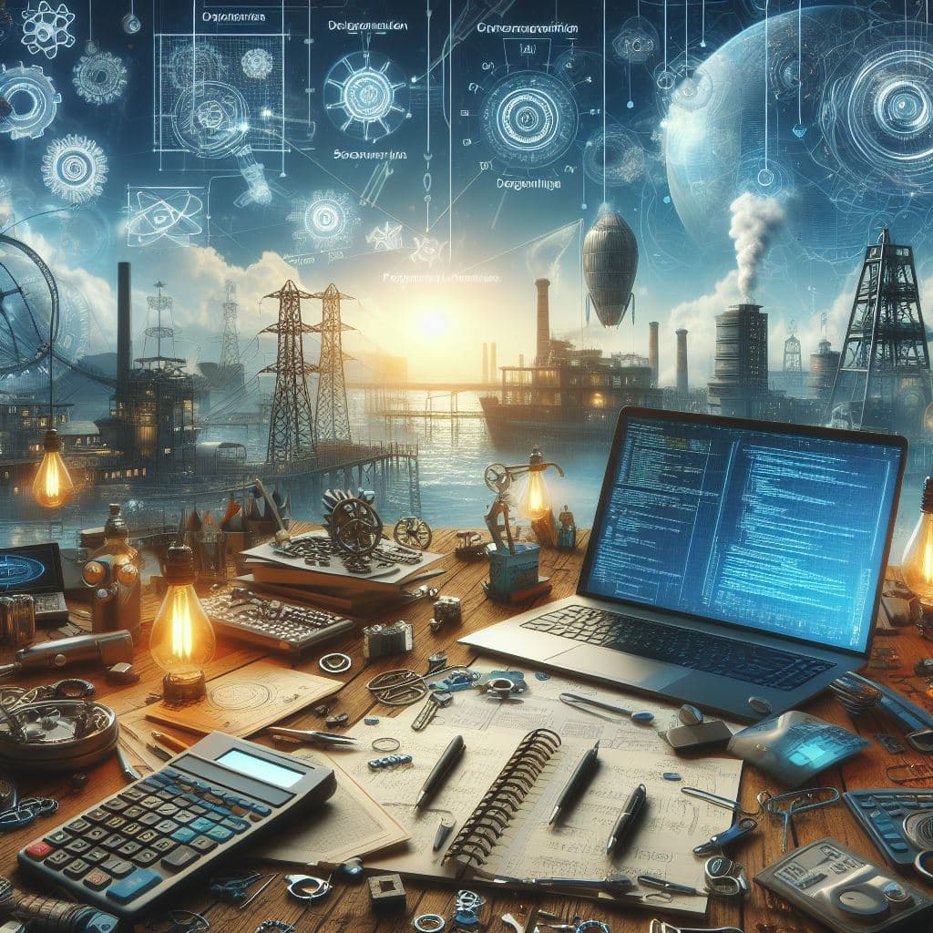 Detailed workspace with tools, laptop displaying code, and holographic interfaces, showcasing Mapapa's expertise in Solutions Architecture, Data Migration, and DevOps for Software Development Engineering.