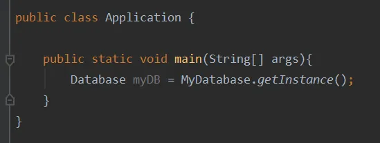 Cropped IntelliJ IDE showing how to get instace of the database object singleton